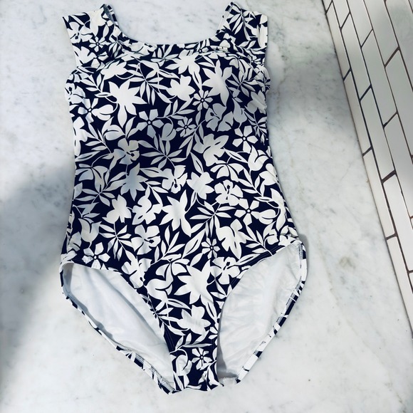Lands' End Other - Lands End Womens Swimsuit One Piece Size 12 Black White Floral Ruffle